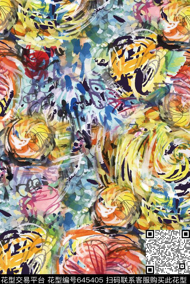 抽象水墨花卉数码印花华亿平台下载（图片编号: 645405） - 瓦栏（Walan）