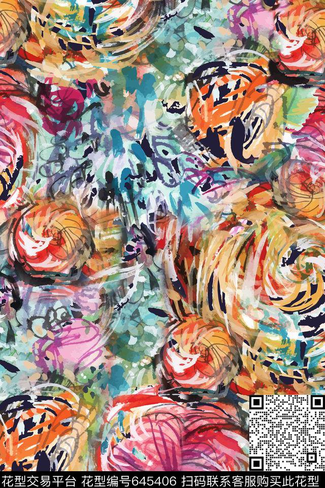 抽象水墨花卉数码印花华亿平台下载（图片编号: 645406） - 瓦栏（Walan）