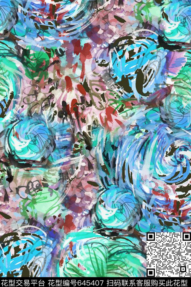 抽象水墨花卉数码印花华亿平台下载（图片编号: 645407） - 瓦栏（Walan）