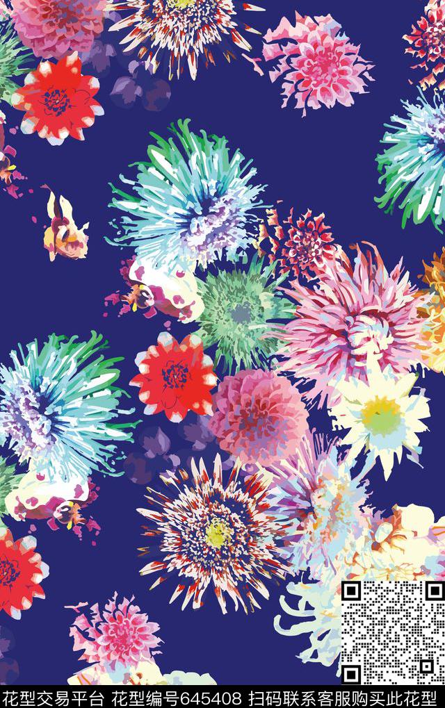 抽象水墨花卉数码印花华亿平台下载（图片编号: 645408） - 瓦栏（Walan）