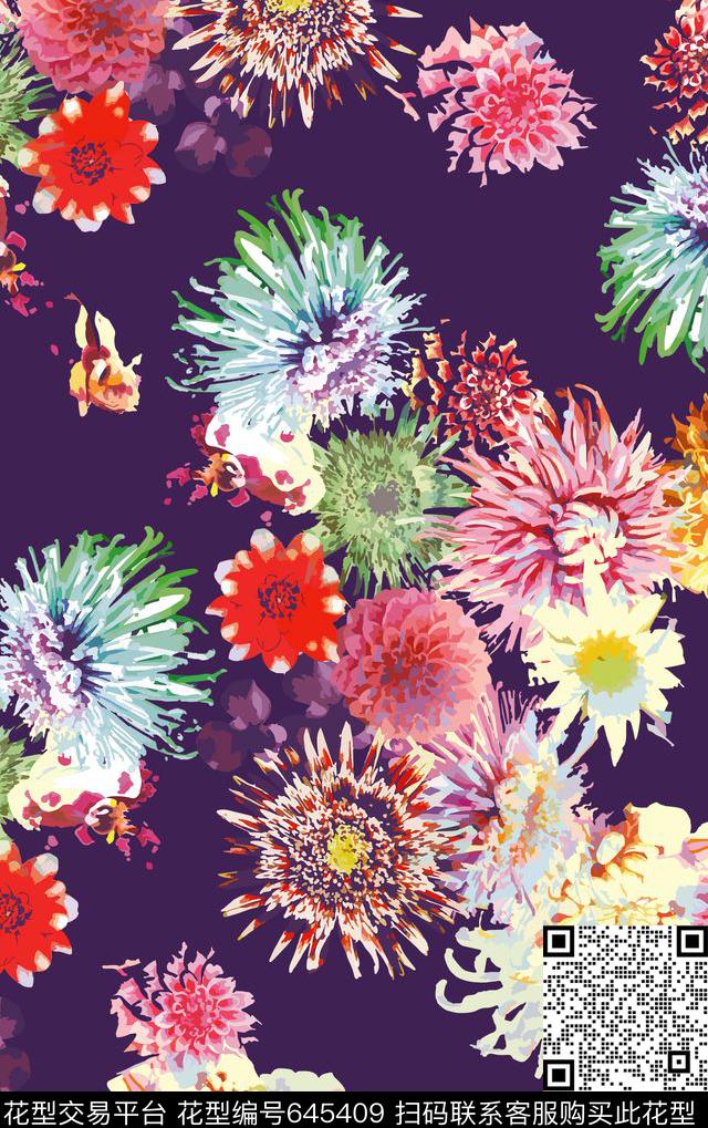 抽象水墨花卉数码印花华亿平台下载（图片编号: 645409） - 瓦栏（Walan）