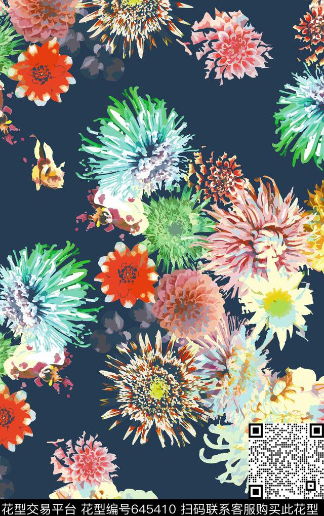 抽象水墨花卉数码印花华亿平台下载（图片编号: 645410） - 瓦栏（Walan）