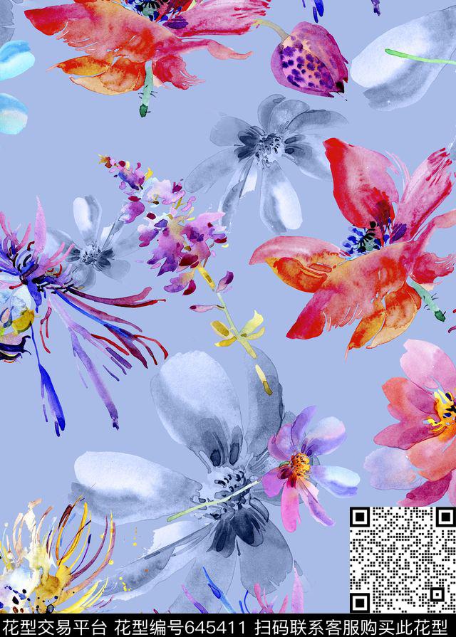 水墨花卉手绘花卉数码印花华亿平台下载（图片编号: 645411） - 瓦栏（Walan）