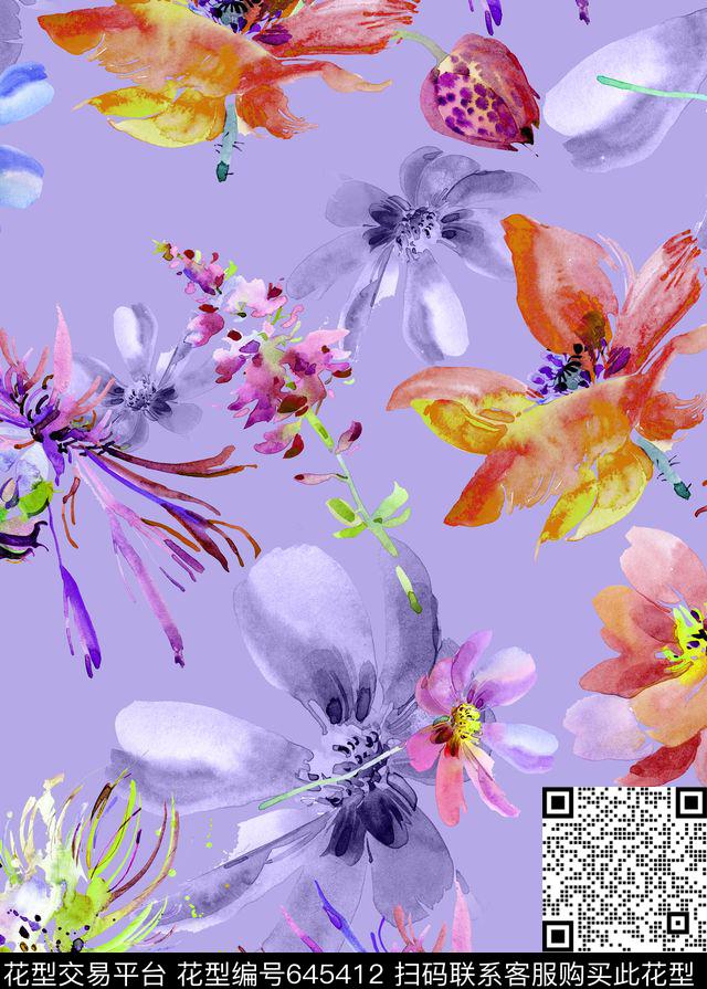 水墨花卉手绘花卉数码印花华亿平台下载（图片编号: 645412） - 瓦栏（Walan）