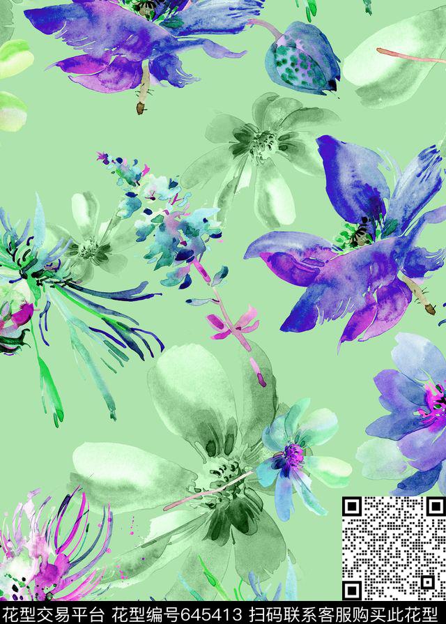 水墨花卉手绘花卉数码印花华亿平台下载（图片编号: 645413） - 瓦栏（Walan）