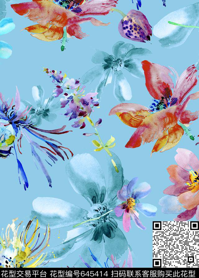 水墨花卉手绘花卉数码印花华亿平台下载（图片编号: 645414） - 瓦栏（Walan）