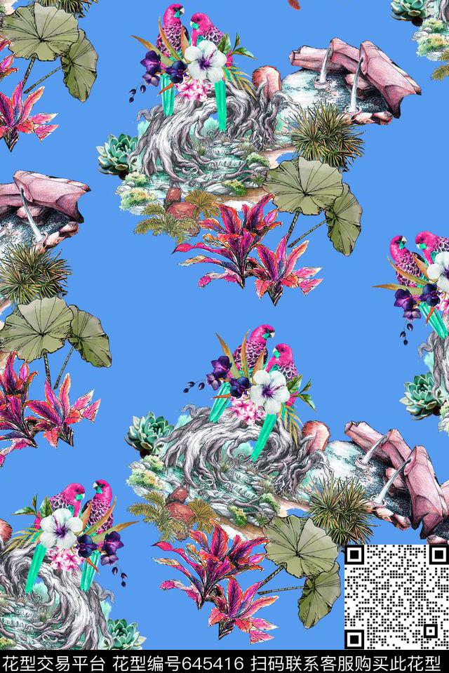 热带植物植物花鸟数码印花华亿平台下载（图片编号: 645416） - 瓦栏（Walan）