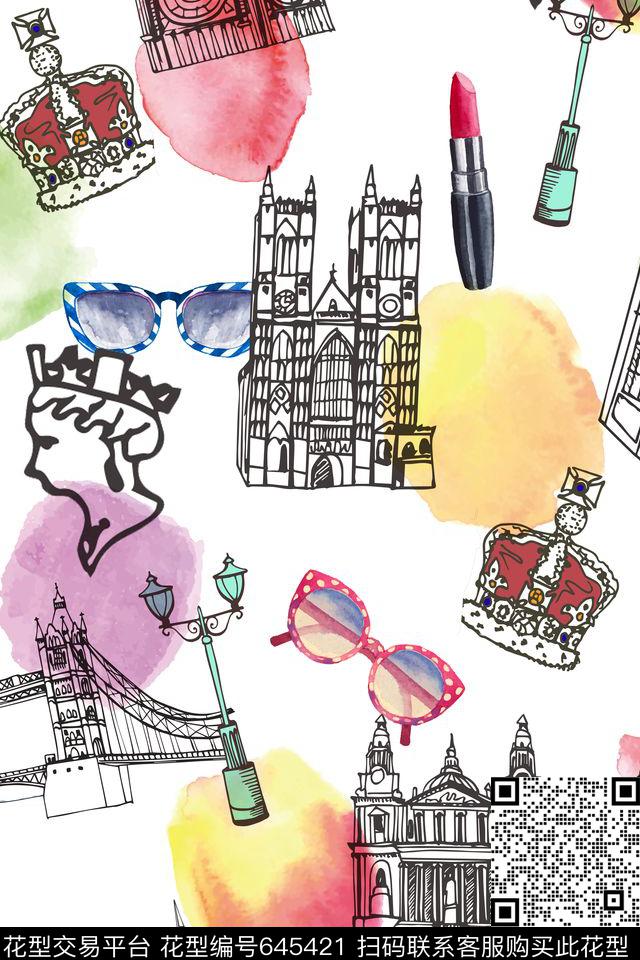 趣味线条建筑眼镜数码印花华亿平台下载（图片编号: 645421） - 瓦栏（Walan）