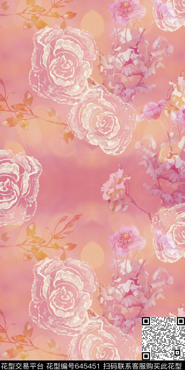玫瑰花朵花卉数码印花华亿平台下载（图片编号: 645451） - 瓦栏（Walan）