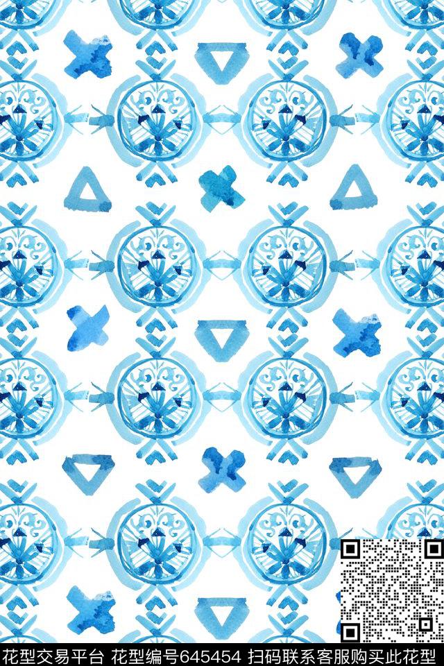 手绘水彩几何青花数码印花华亿平台下载（图片编号: 645454） - 瓦栏（Walan）