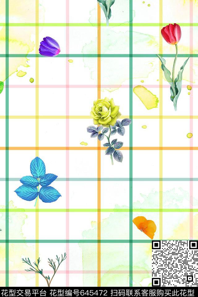 格子花卉肌理数码印花华亿平台下载（图片编号: 645472） - 瓦栏（Walan）