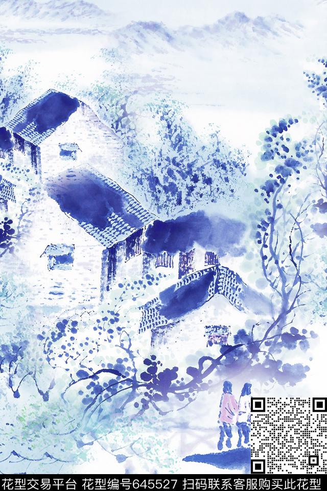 女装水墨风格房屋数码印花华亿平台下载（图片编号: 645527） - 瓦栏（Walan）