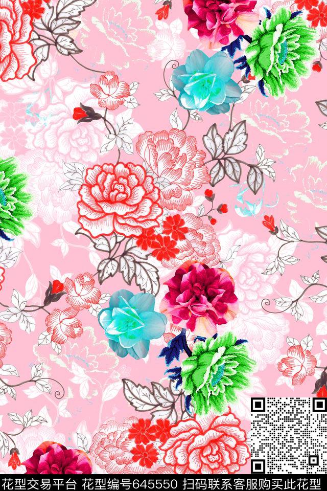 女装花卉线条传统印花华亿平台下载（图片编号: 645550） - 瓦栏（Walan）