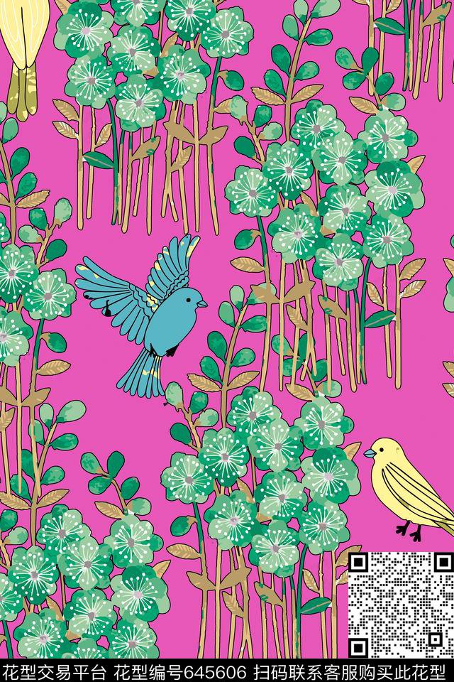 手绘花卉鸟传统印花华亿平台下载（图片编号: 645606） - 瓦栏（Walan）