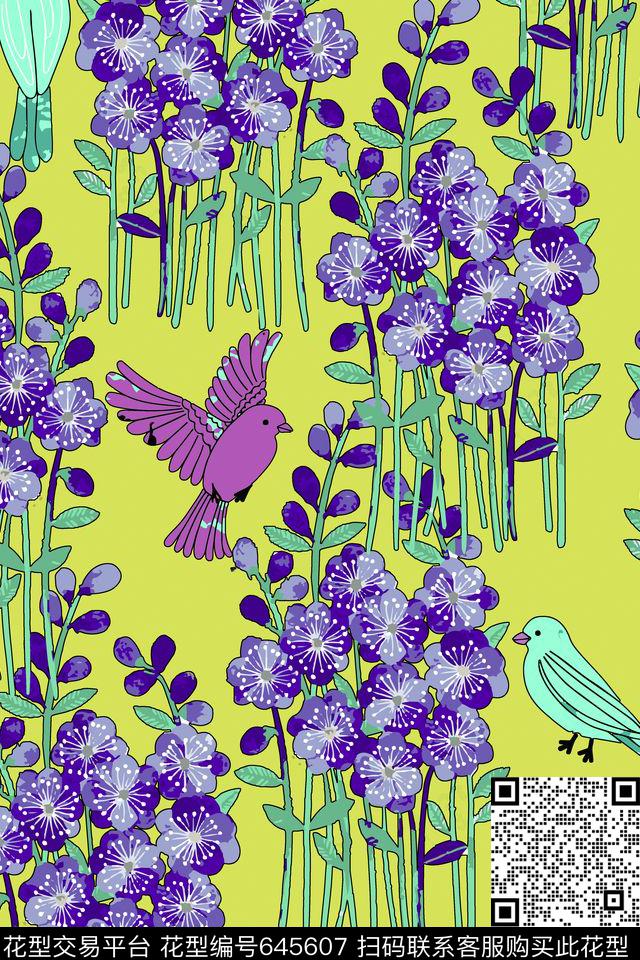 手绘花卉鸟传统印花华亿平台下载（图片编号: 645607） - 瓦栏（Walan）