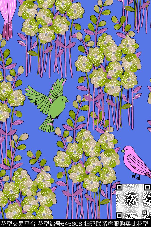 手绘花卉鸟传统印花华亿平台下载（图片编号: 645608） - 瓦栏（Walan）