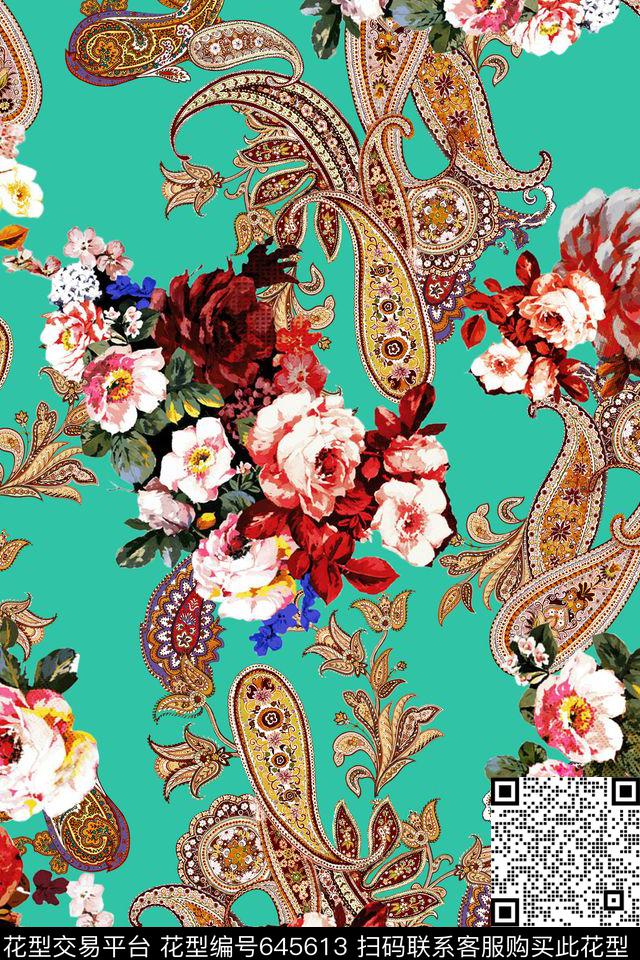 花卉腰果花佩斯利花纹数码印花华亿平台下载（图片编号: 645613） - 瓦栏（Walan）