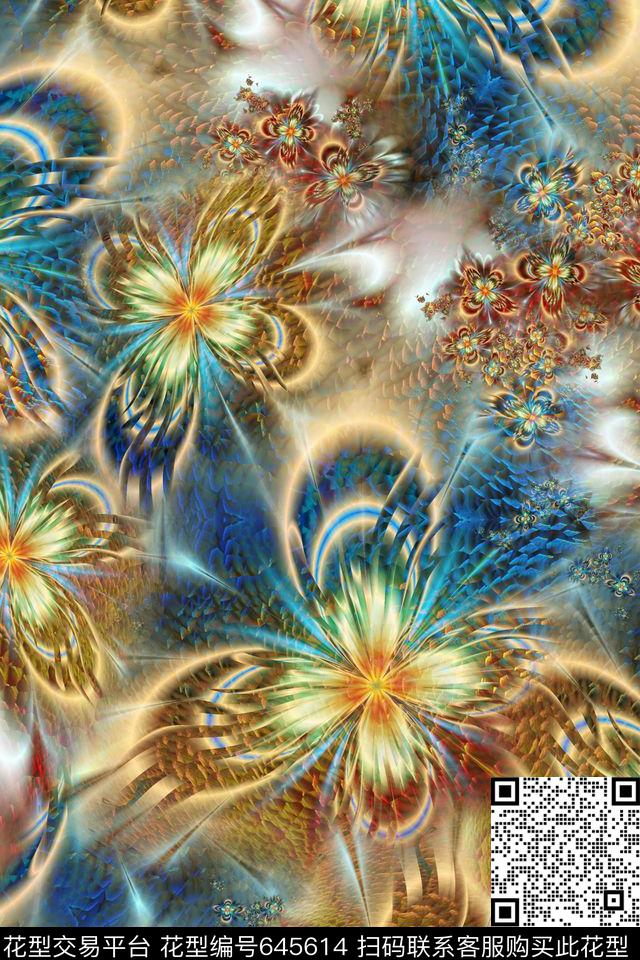 抽象分形花卉炫彩几何数码印花华亿平台下载（图片编号: 645614） - 瓦栏（Walan）