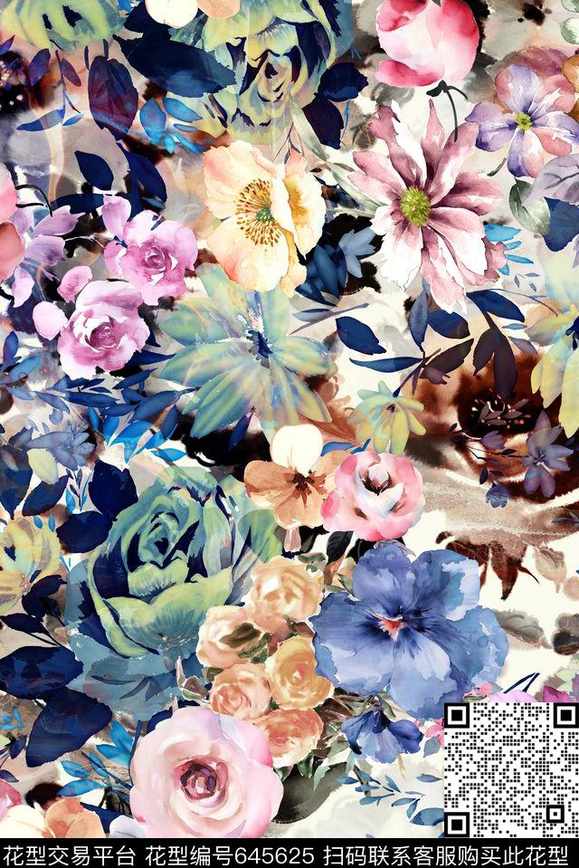 手绘水彩花卉数码印花华亿平台下载（图片编号: 645625） - 瓦栏（Walan）