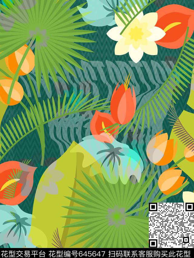 热带棕榈叶休闲数码印花华亿平台下载（图片编号: 645647） - 瓦栏（Walan）