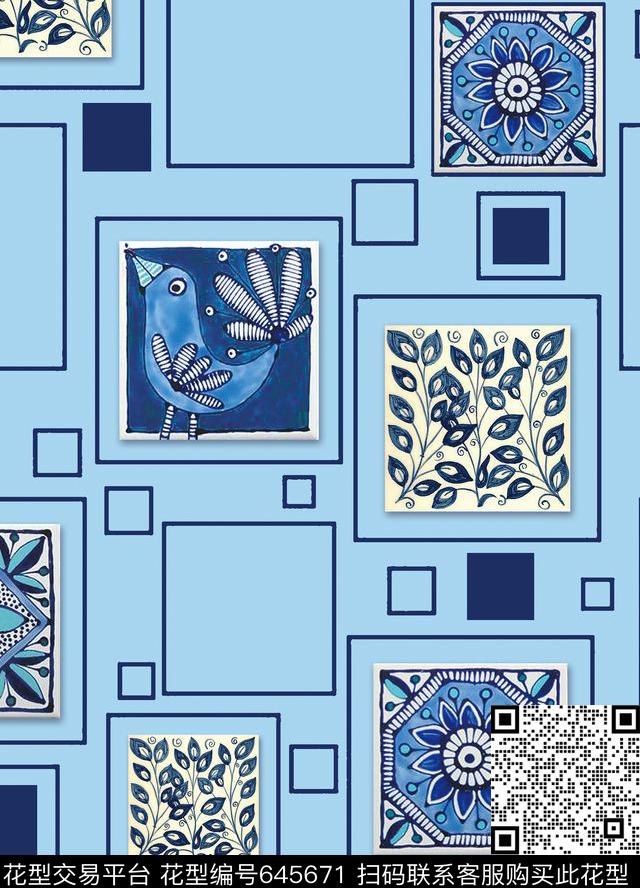 花鸟青花传统印花华亿平台下载（图片编号: 645671） - 瓦栏（Walan）