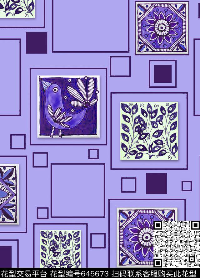 花鸟青花传统印花华亿平台下载（图片编号: 645673） - 瓦栏（Walan）