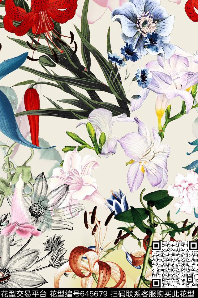 花朵复古花卉数码印花华亿平台下载（图片编号: 645679） - 瓦栏（Walan）