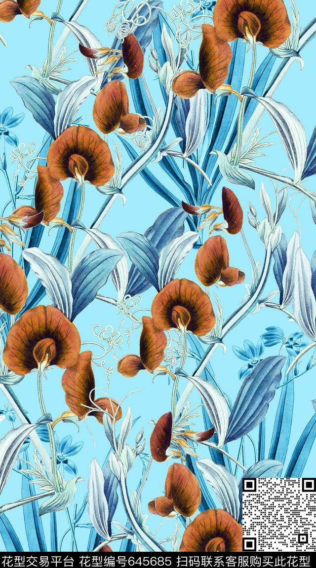 树枝兰花花朵数码印花华亿平台下载（图片编号: 645685） - 瓦栏（Walan）