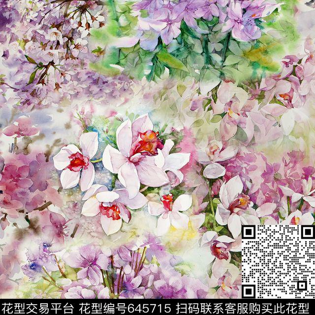 此华亿平台为1/2跳接水墨花朵数码印花华亿平台下载（图片编号: 645715） - 瓦栏（Walan）