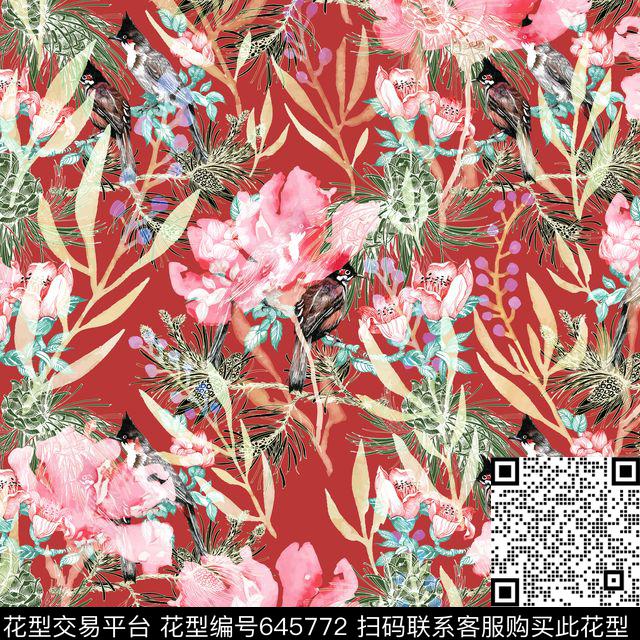 酒红手绘花草数码印花华亿平台下载（图片编号: 645772） - 瓦栏（Walan）
