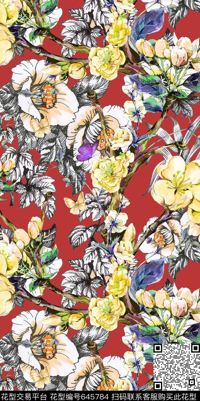 手绘树枝梨花数码印花华亿平台下载（图片编号: 645784） - 瓦栏（Walan）