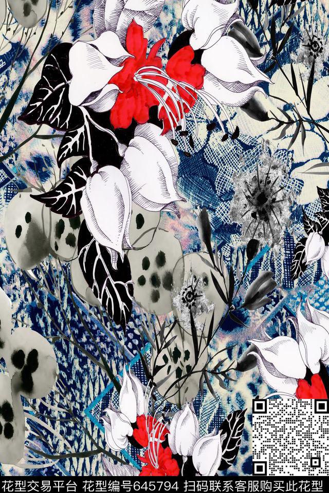 水彩线描花卉数码印花华亿平台下载（图片编号: 645794） - 瓦栏（Walan）
