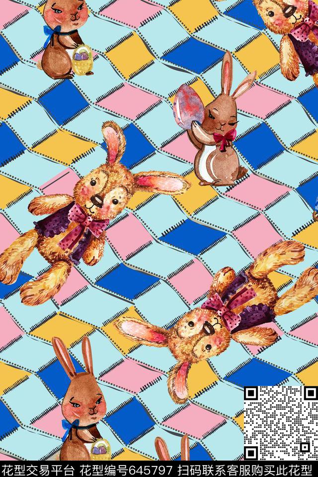 几何格子手绘兔子抱抱熊数码印花华亿平台下载（图片编号: 645797） - 瓦栏（Walan）