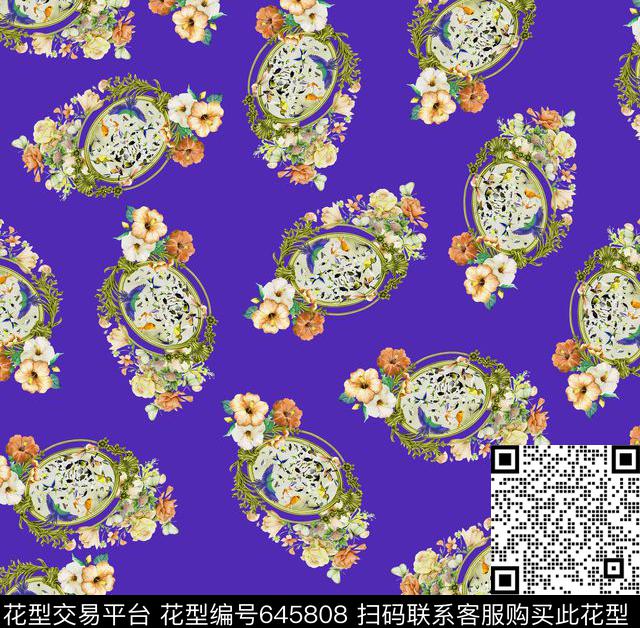手绘花卉组合花卉数码印花华亿平台下载（图片编号: 645808） - 瓦栏（Walan）