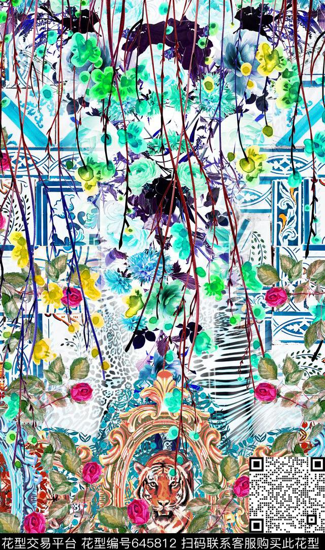 定位枝条青花瓷数码印花华亿平台下载（图片编号: 645812） - 瓦栏（Walan）