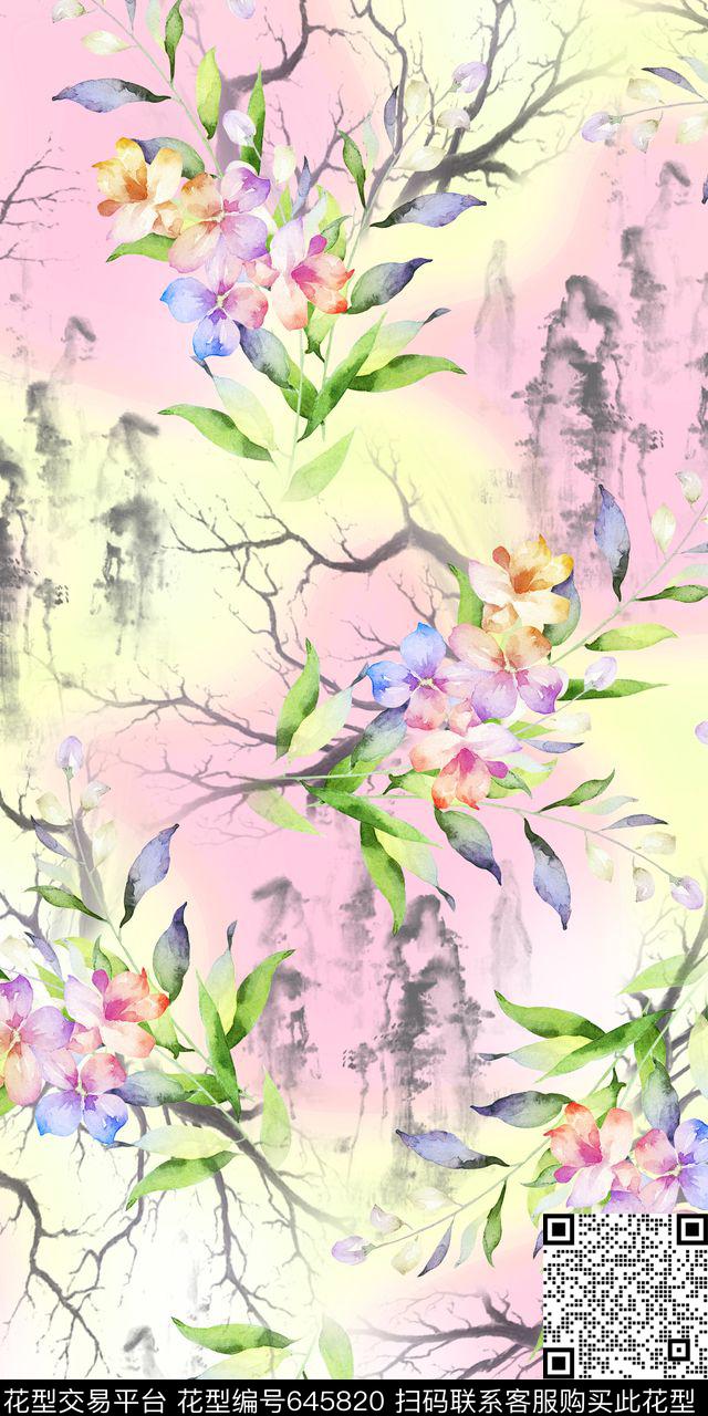 时尚清爽水墨云纹女装花卉数码印花华亿平台下载（图片编号: 645820） - 瓦栏（Walan）