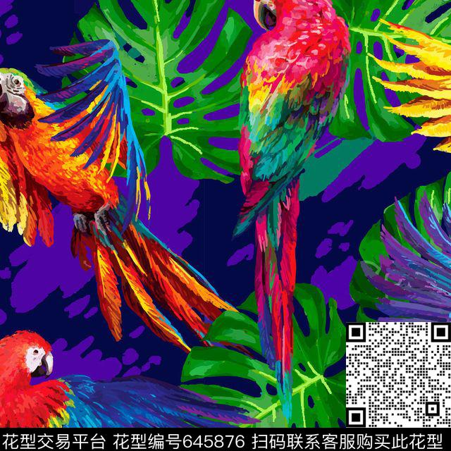 红嘴鹦鹉鹦鹉花卉棕榈叶数码印花华亿平台下载（图片编号: 645876） - 瓦栏（Walan）