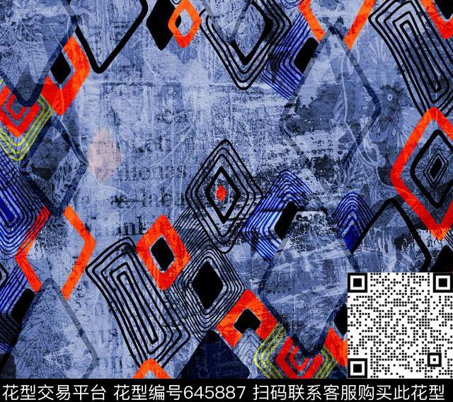 抽象色块菱形线描菱形数码印花华亿平台下载（图片编号: 645887） - 瓦栏（Walan）