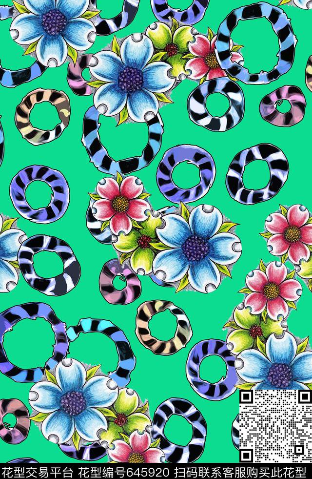 手绘花卉游泳圈数码印花华亿平台下载（图片编号: 645920） - 瓦栏（Walan）