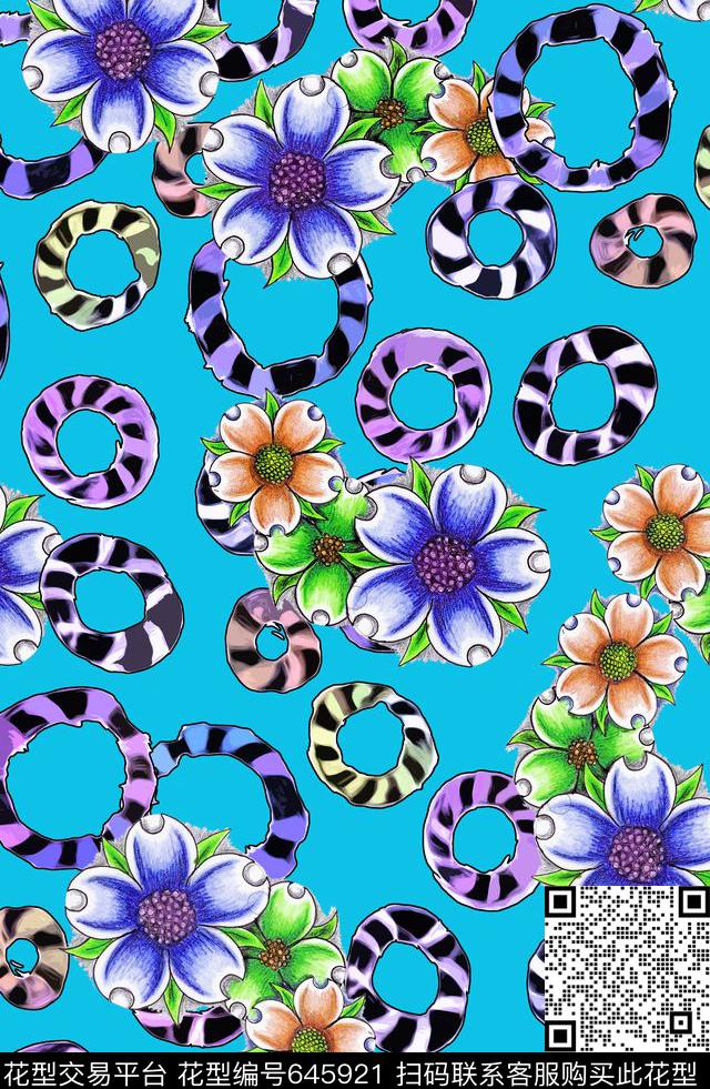 手绘花卉游泳圈数码印花华亿平台下载（图片编号: 645921） - 瓦栏（Walan）