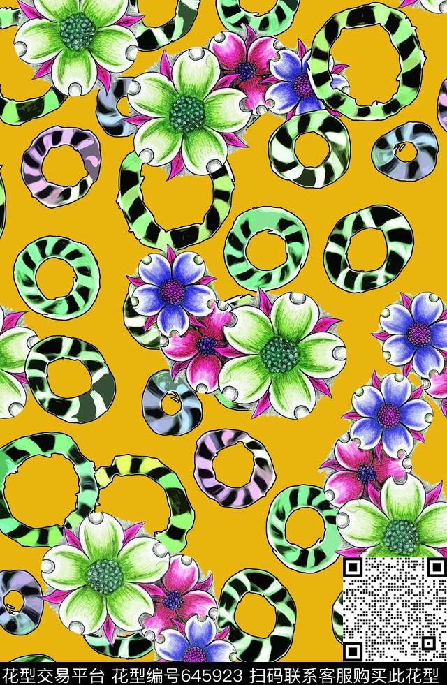 手绘花卉游泳圈数码印花华亿平台下载（图片编号: 645923） - 瓦栏（Walan）