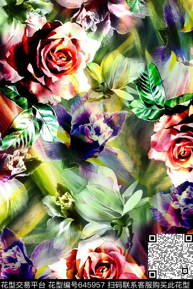满版花卉叠加效果数码印花华亿平台下载（图片编号: 645957） - 瓦栏（Walan）