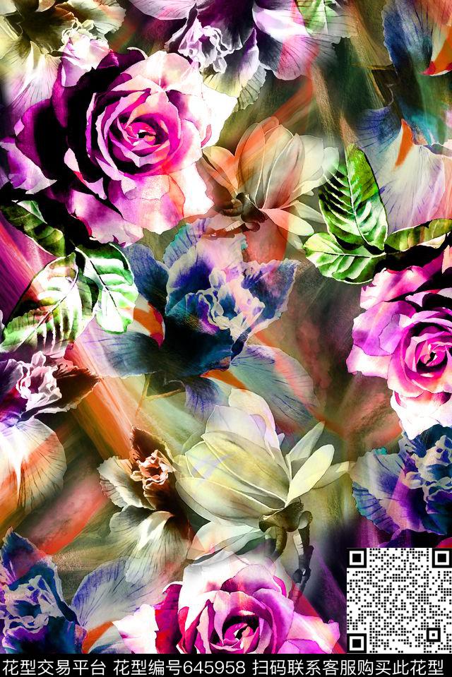满版花卉叠加效果数码印花华亿平台下载（图片编号: 645958） - 瓦栏（Walan）