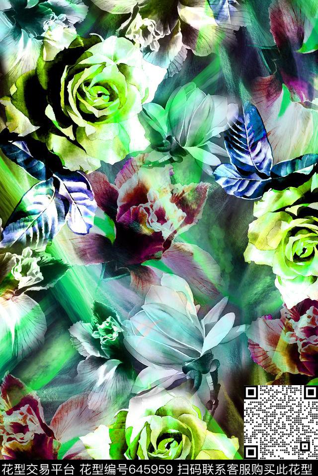 满版花卉叠加效果数码印花华亿平台下载（图片编号: 645959） - 瓦栏（Walan）