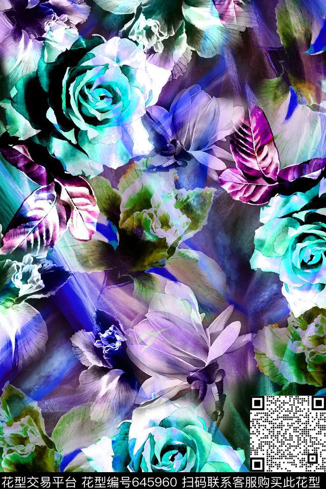 满版花卉叠加效果数码印花华亿平台下载（图片编号: 645960） - 瓦栏（Walan）