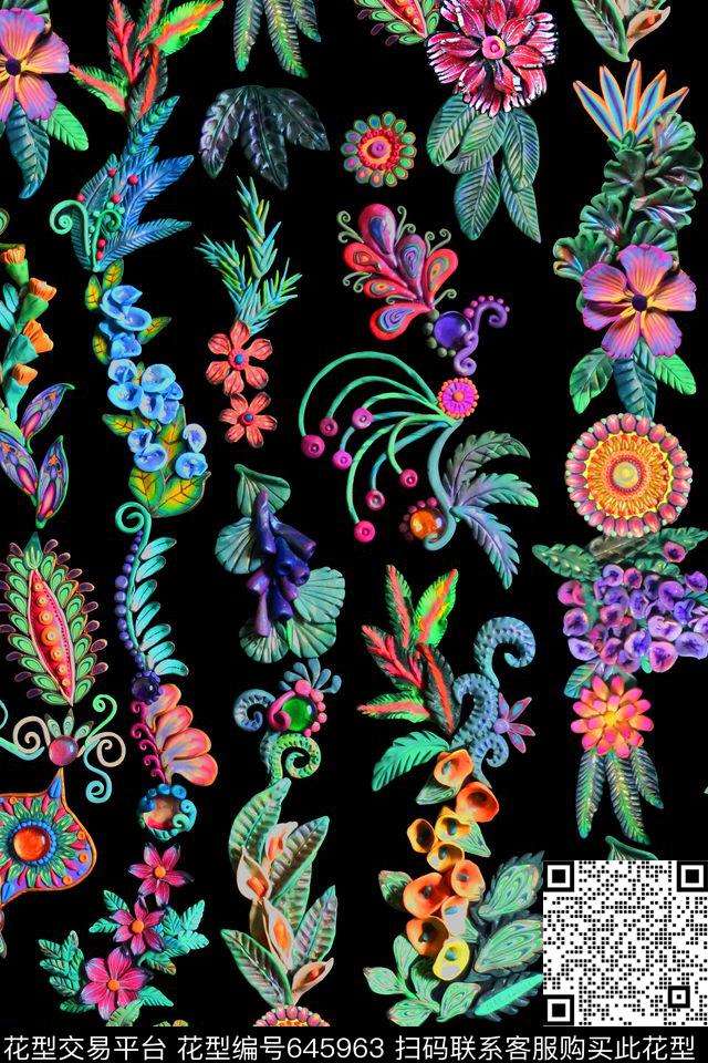 浮雕花卉树叶数码印花华亿平台下载（图片编号: 645963） - 瓦栏（Walan）