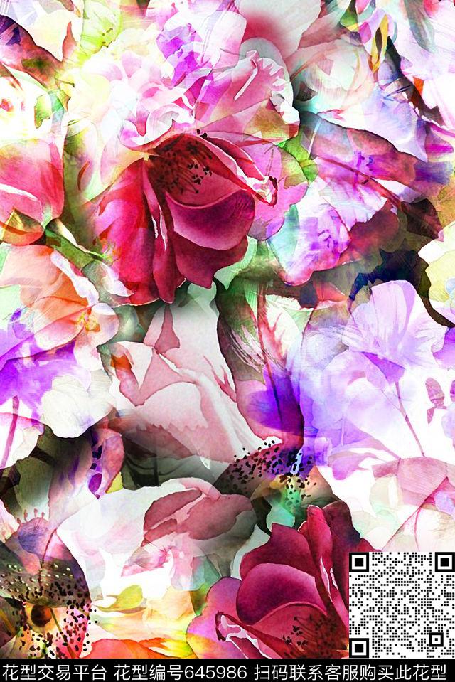 乱花大花叠加数码印花华亿平台下载（图片编号: 645986） - 瓦栏（Walan）