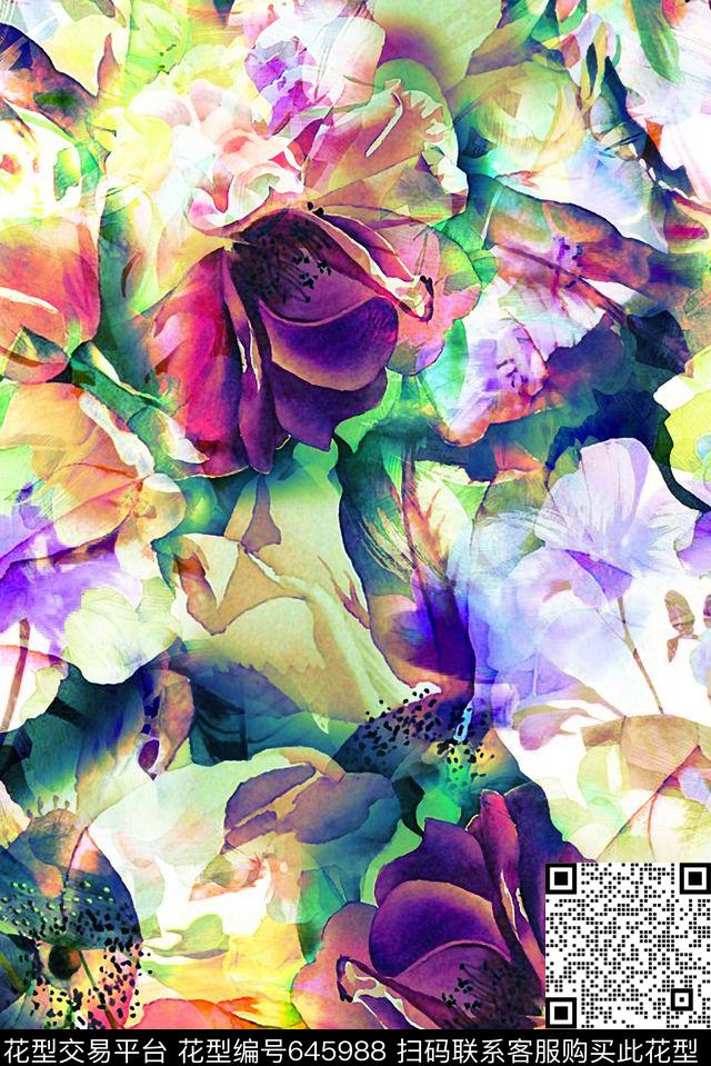 乱花大花叠加数码印花华亿平台下载（图片编号: 645988） - 瓦栏（Walan）