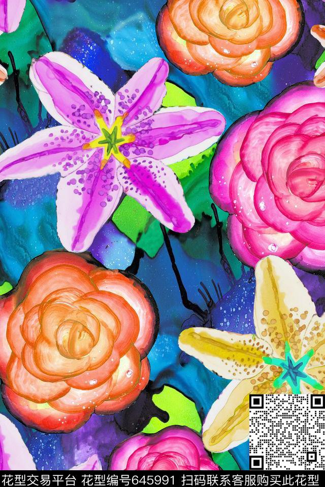 水彩花卉手绘数码印花华亿平台下载（图片编号: 645991） - 瓦栏（Walan）