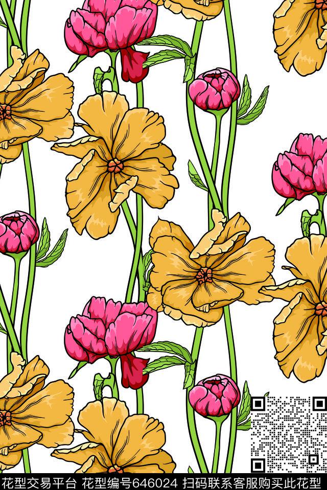 花朵大花花卉传统印花华亿平台下载（图片编号: 646024） - 瓦栏（Walan）